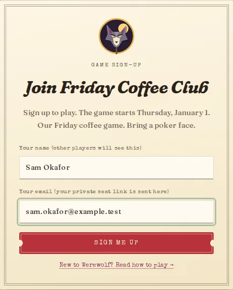 Public sign-up page with a name field, an email field, and a Sign me up button