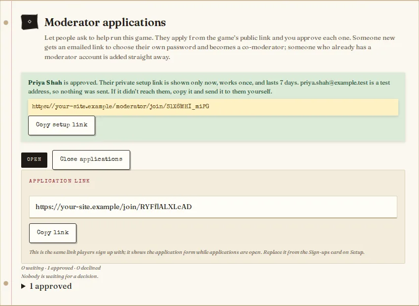 The Moderator applications card with an approved applicant and their one-time setup link