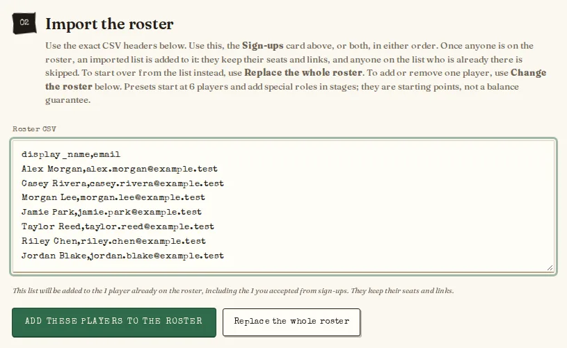 The Import the roster card with a pasted list, an Add these players to the roster button, and a Replace the whole roster button