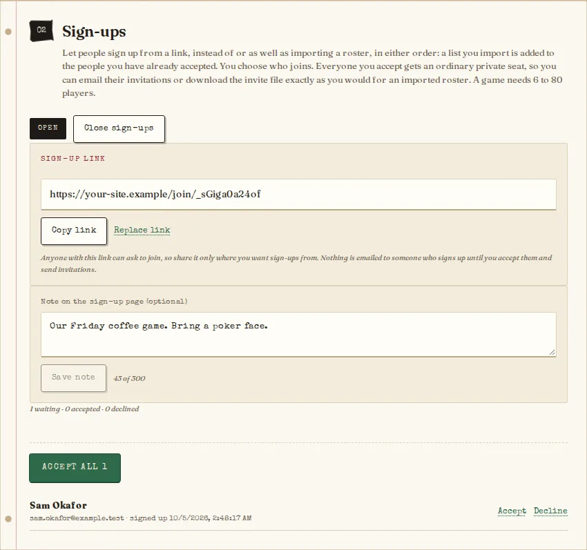 The Sign-ups card with the public link, a note, and a waiting sign-up with Accept and Decline