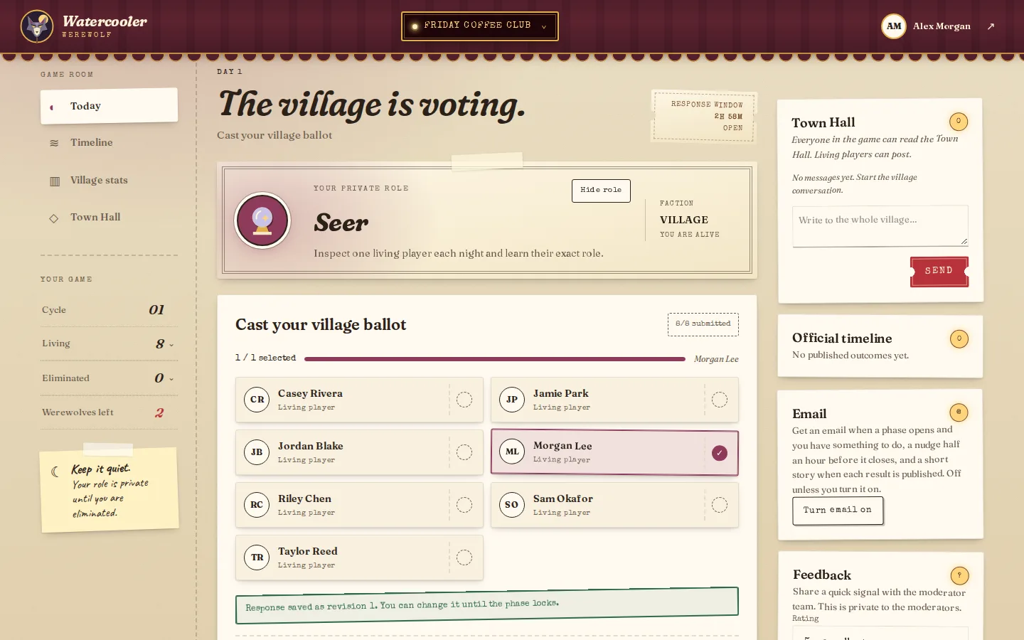 Player dashboard during a Day ballot with a player selected