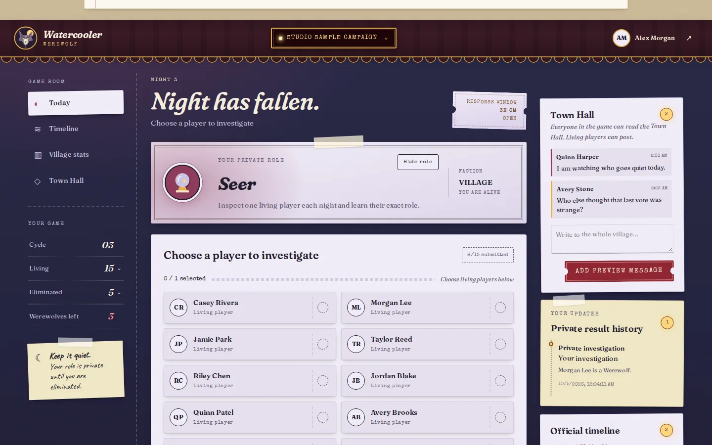 Seer dashboard choosing a player to investigate