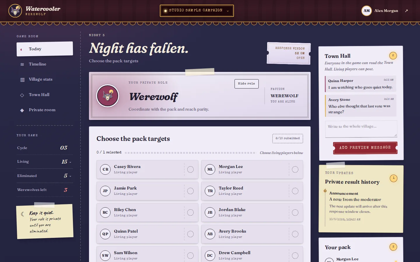 Werewolf dashboard choosing a pack target at night